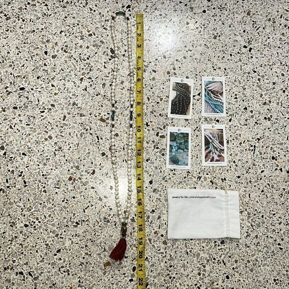 Silver & Sage Mala turquoise smoky quartz magnesite necklace red tassel - Picture 6 of 6